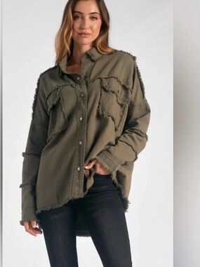 Elan Devan Jacket Olive Frayed Oversized Button-Front M Oversized Relax Fit